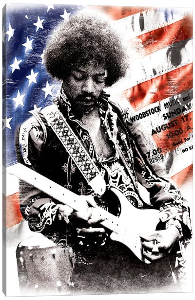 Jimi Hendrix (American Flag Background) Canvas Art Print - Bachelor Pad Art