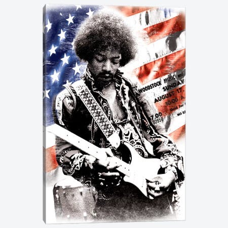 Jimi Hendrix (American Flag Background) Canvas Print #RAD41} by Radio Days Canvas Artwork