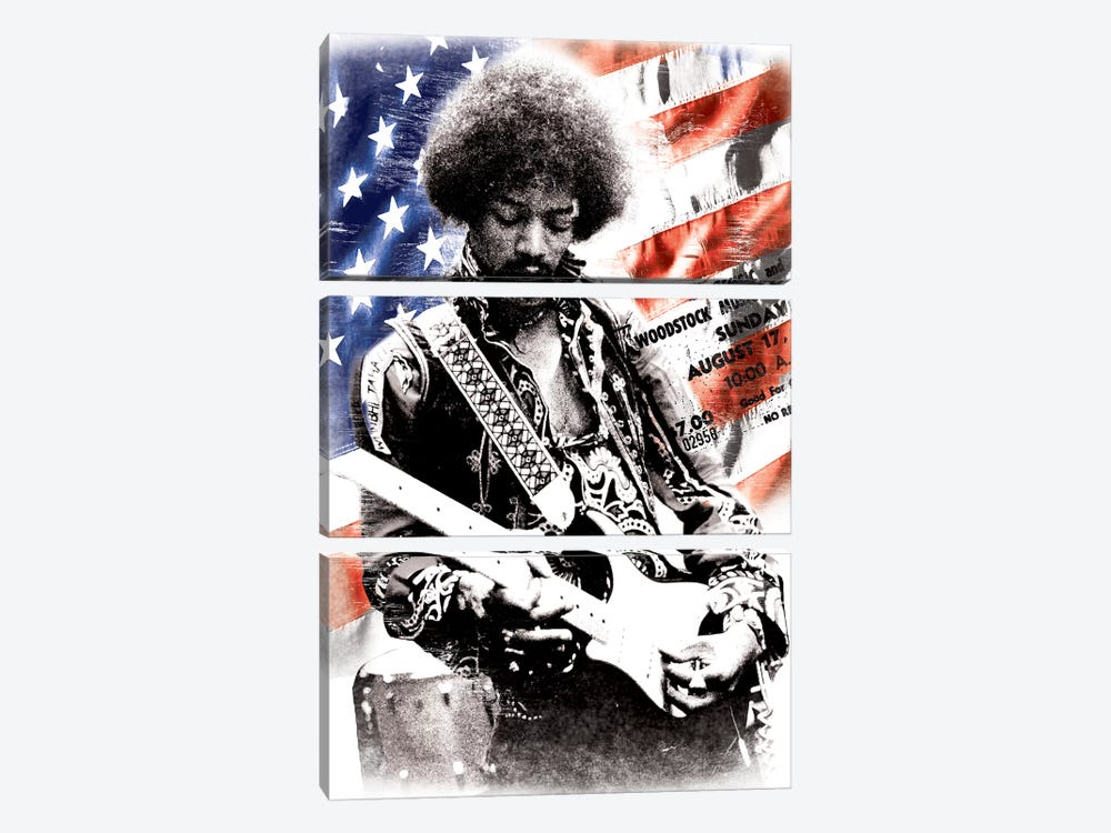 Jimi Hendrix (American Flag Background) by Radio Days 3-piece Canvas Art Print