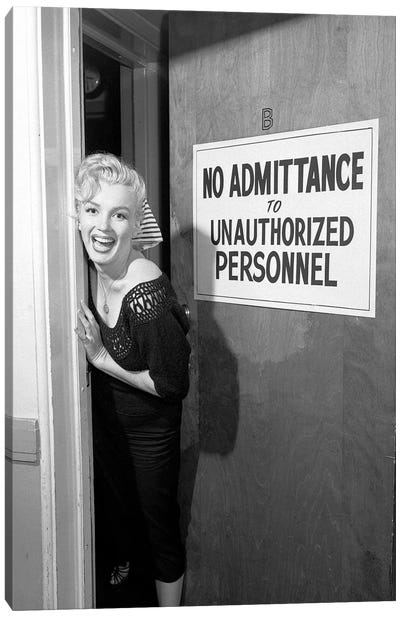 A Giggling Marilyn Monroe Peeking Out Of A Restricted Access Room Canvas Art Print - Model & Fashion Icon Art