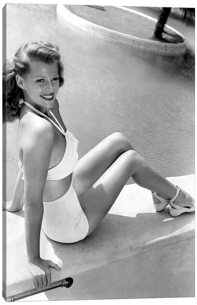 Rita Hayworth Sitting Next To A Pool Canvas Art Print - Women's Swimsuit & Bikini Art