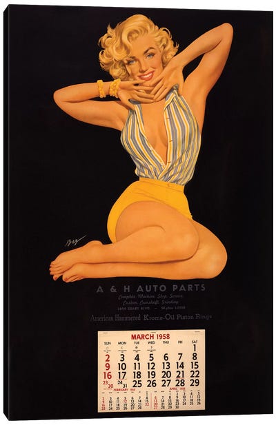 Vintage Marilyn Monroe Calendar Page (A & H Auto Parts, March, 1958) Canvas Art Print - Radio Days