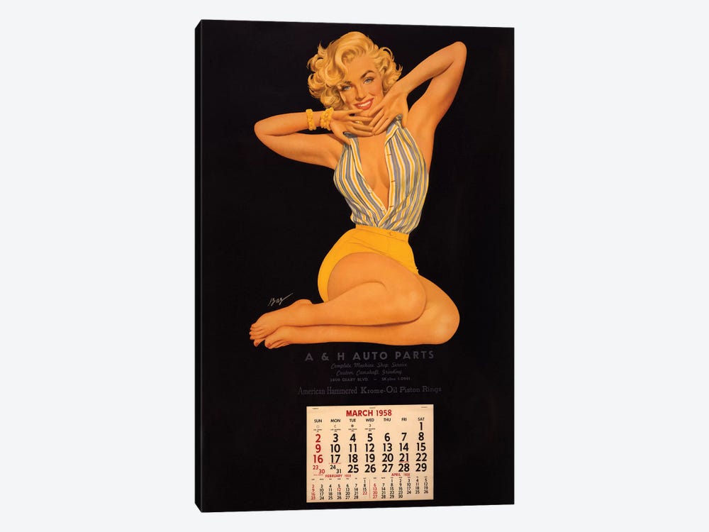 Vintage Marilyn Monroe Calendar Page (A & H Auto Parts, March, 1958) by Radio Days 1-piece Canvas Art