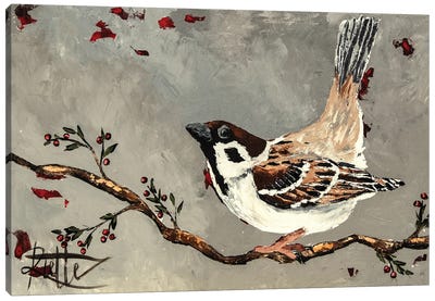 Sparrow On Branch Canvas Art Print - Sparrow Art