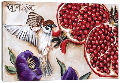 Sparrow And Pomegranate Canvas Art Print - Rut Art Creations