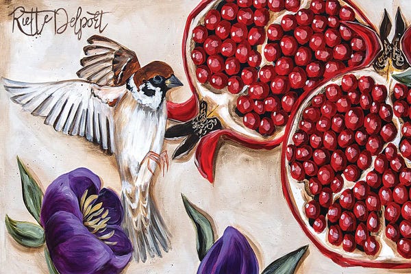 Sparrows: Sparrow And Pomegranate by Rut Art Creations