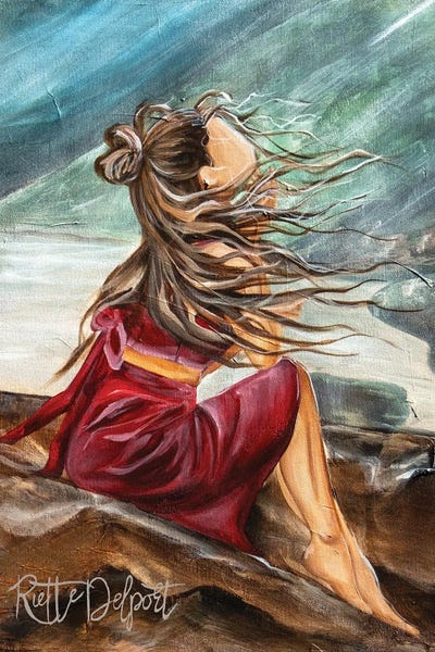 Girl With Red Dress Sitting On Rocks by Rut Art Creations canvas print