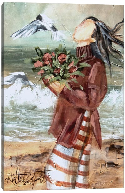 Beach Girl With A Bunch Of Flowers In Hand Canvas Art Print - Rut Art Creations