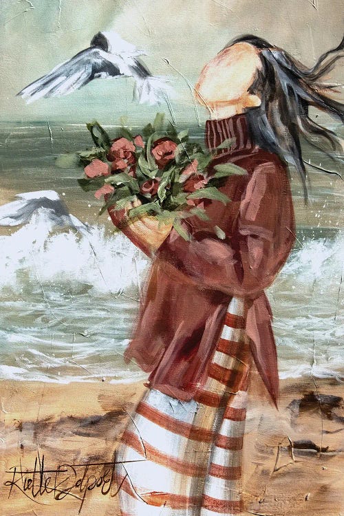 Beach Girl With A Bunch Of Flowers In Hand