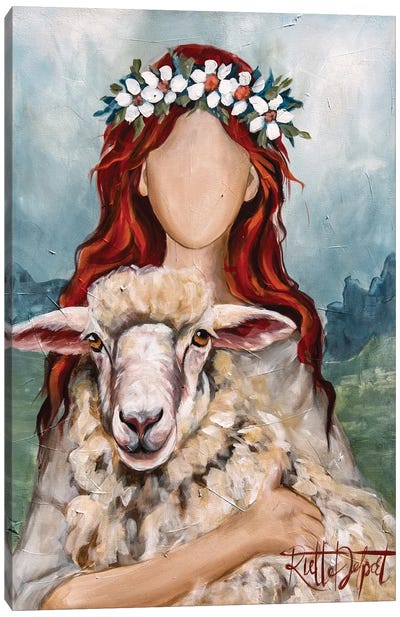 Red Hair Girl With Sheep Canvas Art Print - Rut Art Creations