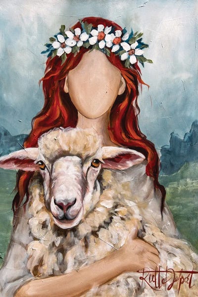 Sheep: Red Hair Girl With Sheep by Rut Art Creations