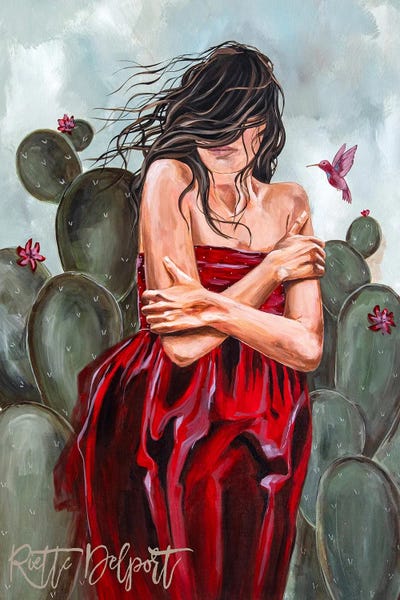 Hummingbirds: Girl In Red Dress With Cactus by Rut Art Creations