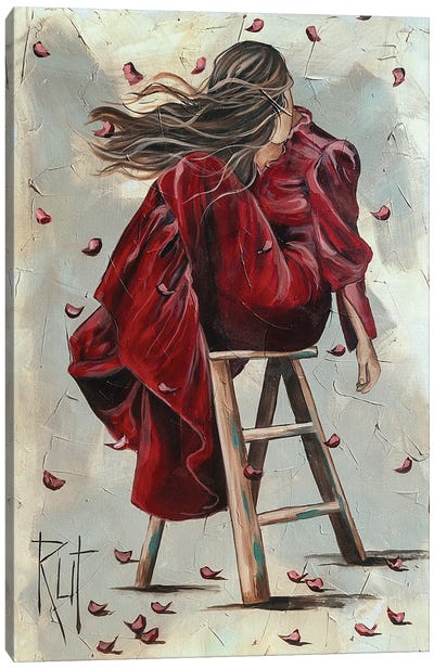 Girl In Red Dress On Stool Canvas Art Print - Rut Art Creations