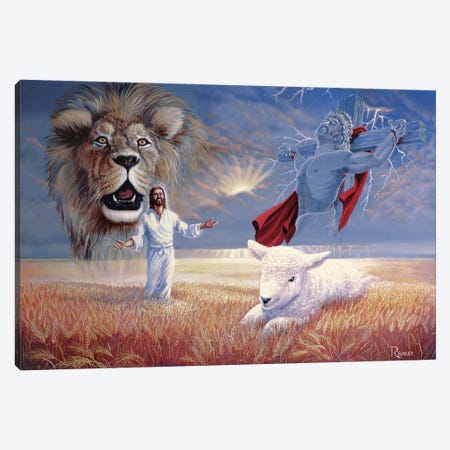 Lion And Lamb Canvas Print #RBL27} by Rod Bailey Art Print