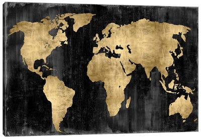 The World - Gold On Black Canvas Art Print - Maps & Geography