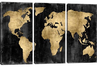 The World - Gold On Black Canvas Art Print - 3-Piece Map Art