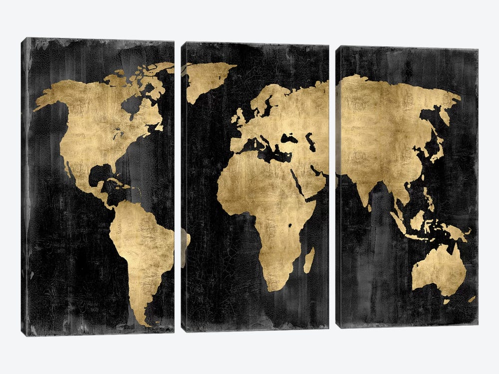 The World - Gold On Black by Russell Brennan 3-piece Canvas Wall Art