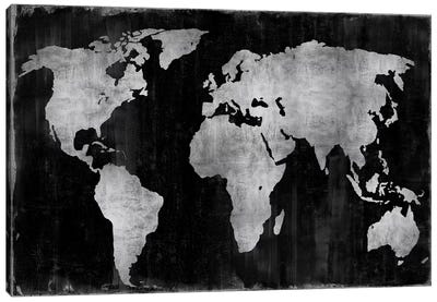 The World - Silver On Black Canvas Art Print - Abstract Maps Art