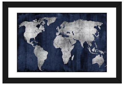 The World - Silver On Blue Paper Art Print - Maps