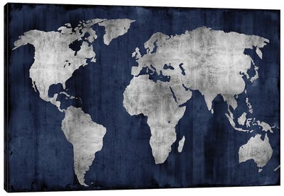 The World - Silver On Blue Canvas Art Print - World Map Art