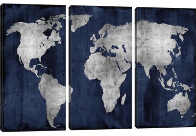 The World - Silver On Blue Canvas Art Print - 3-Piece Map Art