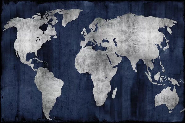 Maps: The World - Silver On Blue by Russell Brennan