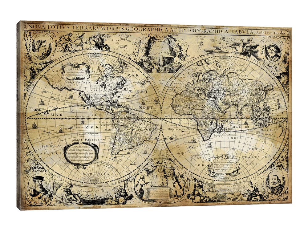 Vintage Ship and Map (18 x 24) - Canvas Wrap Print