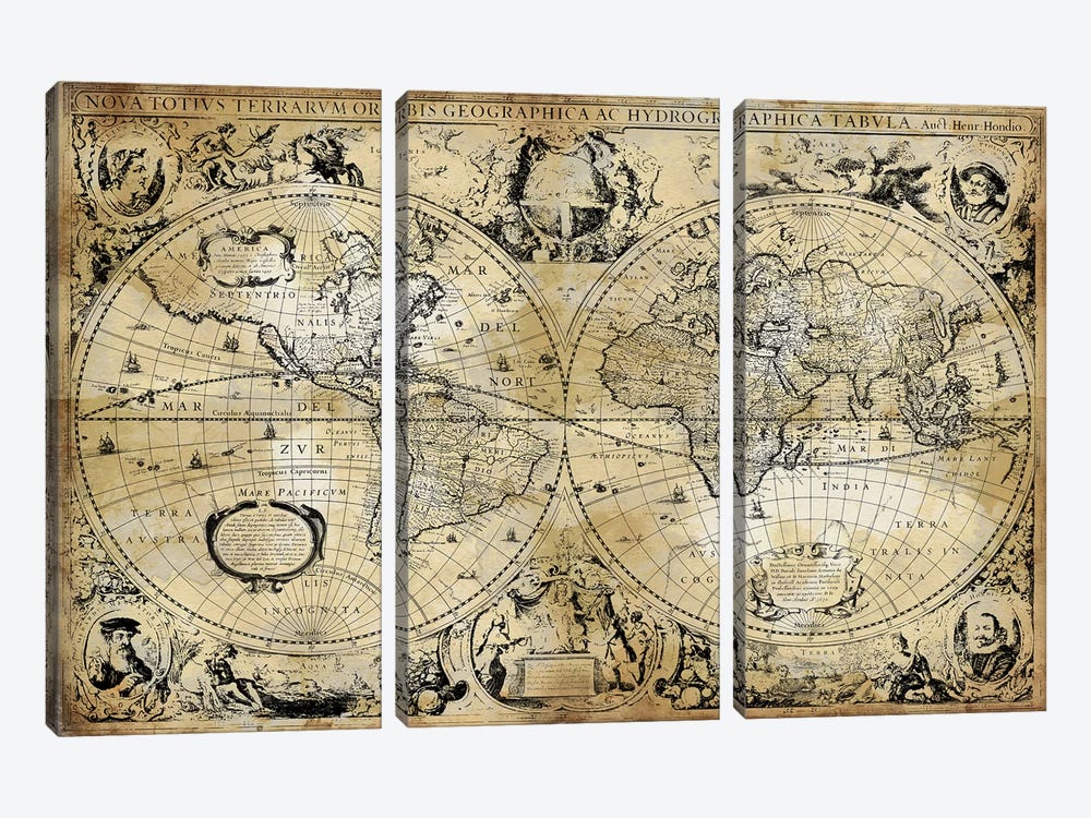Antique World Map by Russell Brennan 3-piece Canvas Art Print