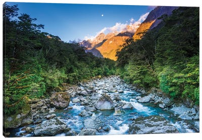 Moonrise over Mount Madeline and the Tutoko River, Fiordland National Park, South Island Canvas Art Print - New Zealand Art