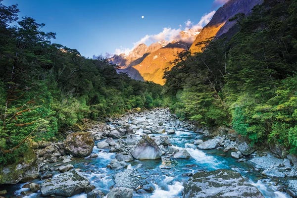 New Zealand: Moonrise over Mount Madeline and the Tutoko River, Fiordland National Park, South Island by Russ Bishop