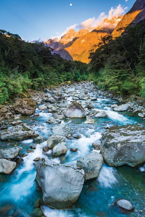 Moonrise over Mount Madeline and the Tutoko River, Fiordland National Park, South Island