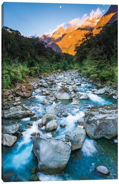 Moonrise over Mount Madeline and the Tutoko River, Fiordland National Park, South Island Canvas Art Print