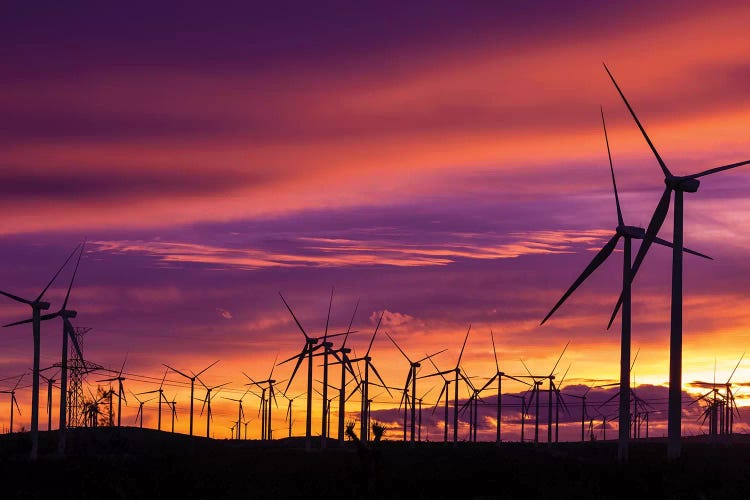 Silhouetted wind turbines at sunset, Mojave, California, USA