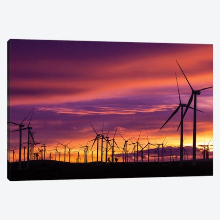 Silhouetted wind turbines at sunset, Mojave, California, USA Canvas Print #RBS117} by Russ Bishop Canvas Print