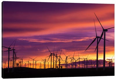 Silhouetted wind turbines at sunset, Mojave, California, USA Canvas Art Print