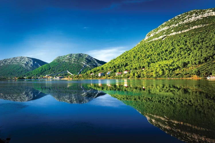 Adriatic reflection and the Great Wall above the city center, Ston, Dalmatian Coast, Croatia