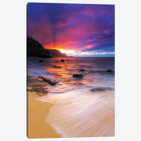 Sunset over the Na Pali Coast from Hideaways Beach, Princeville, Kauai, Hawaii, USA Canvas Print #RBS38} by Russ Bishop Canvas Wall Art