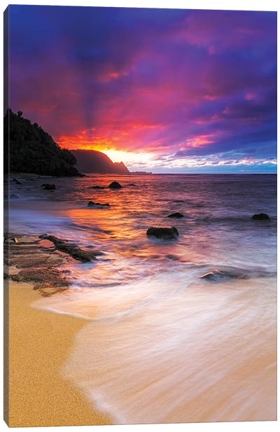 Sunset over the Na Pali Coast from Hideaways Beach, Princeville, Kauai, Hawaii, USA Canvas Art Print - Sandy Beach Art