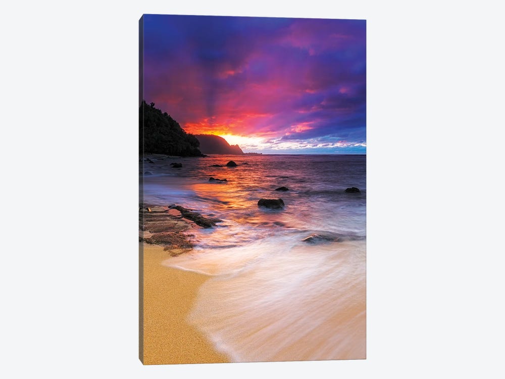 Sunset over the Na Pali Coast from Hideaways Beach, Princeville, Kauai, Hawaii, USA by Russ Bishop 1-piece Canvas Print