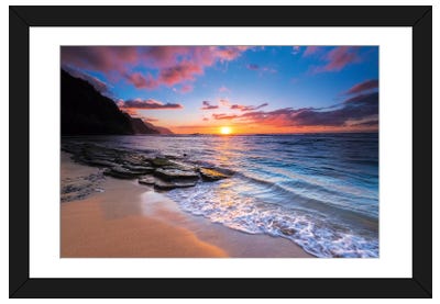 Sunset over the Na Pali Coast from Ke'e Beach, Haena State Park, Kauai, Hawaii, USA I Paper Art Print - Beach Art
