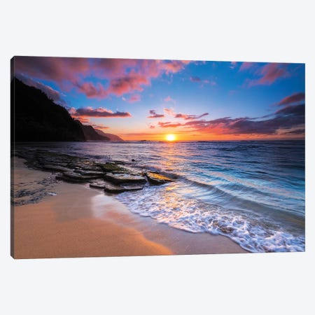 Sunset over the Na Pali Coast from Ke'e Beach, Haena State Park, Kauai, Hawaii, USA I Canvas Print #RBS39} by Russ Bishop Canvas Art