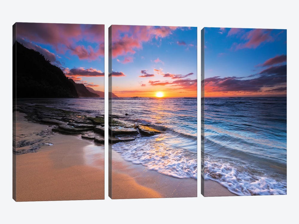 Sunset over the Na Pali Coast from Ke'e Beach, Haena State Park, Kauai, Hawaii, USA I by Russ Bishop 3-piece Canvas Art