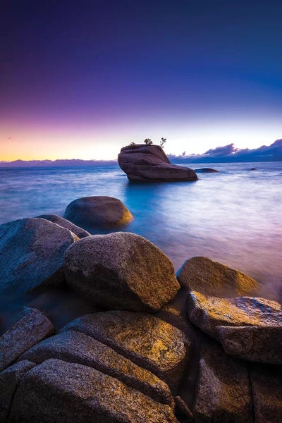 Rocky Beaches: Bonsai Rock at sunset, Lake Tahoe, Nevada, USA by Russ Bishop