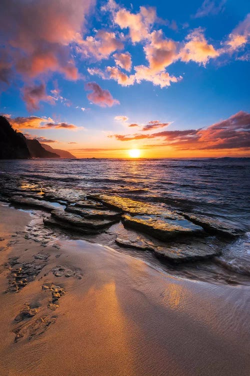 Sunset over the Na Pali Coast from Ke'e Beach, Haena State Park, Kauai, Hawaii, USA II by Russ Bishop wall art