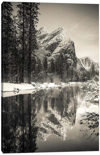 The Three Brothers above the Merced River in winter, Yosemite National Park, California, USA I Canvas Art Print