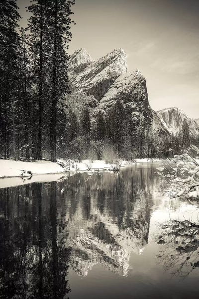 Yosemite National Park: The Three Brothers above the Merced River in winter, Yosemite National Park, California, USA I by Russ Bishop