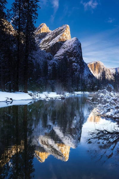 Yosemite National Park: The Three Brothers above the Merced River in winter, Yosemite National Park, California, USA II by Russ Bishop