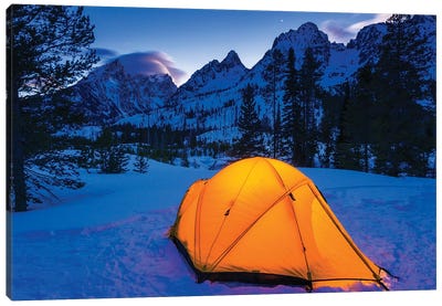Winter camp at dusk under the Tetons, Grand Teton National Park, Wyoming, USA Canvas Art Print - Wyoming Art