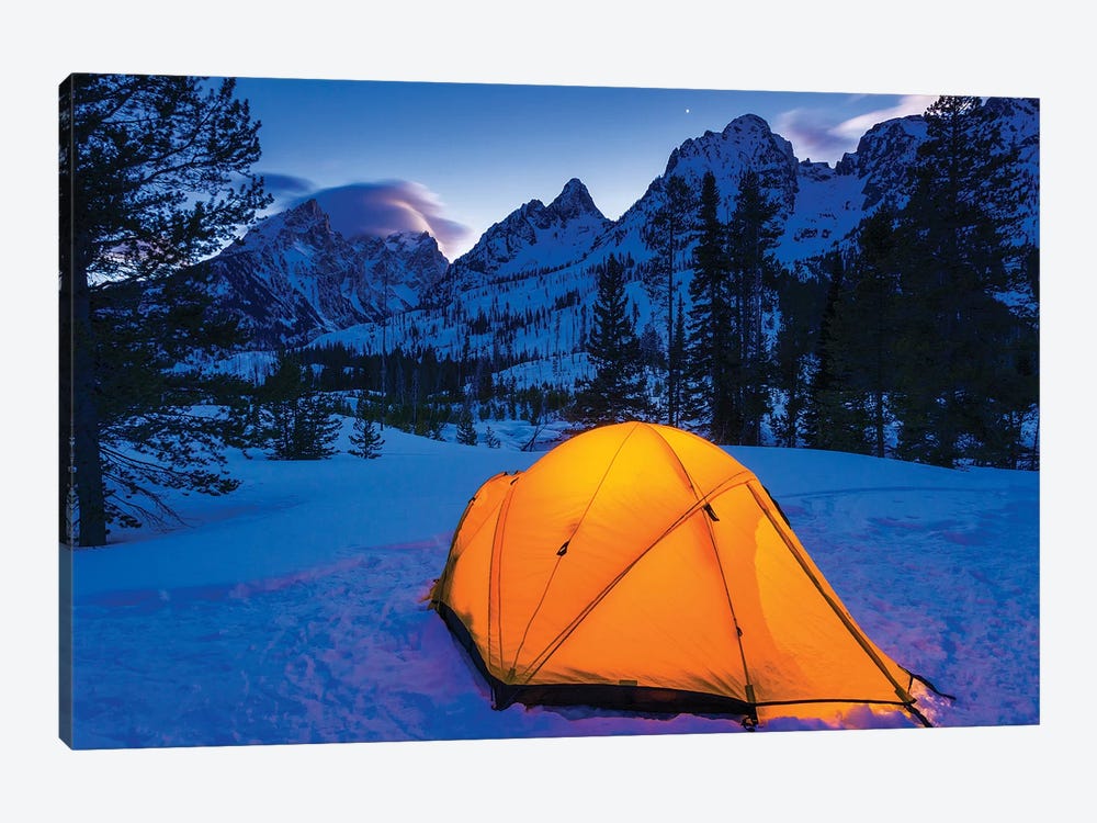 Winter camp at dusk under the Tetons, Grand Teton National Park, Wyoming, USA by Russ Bishop 1-piece Canvas Art Print