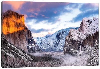Winter sunset over Yosemite Valley from Tunnel View, Yosemite National Park, California, USA Canvas Art Print - Snowy Mountain Art